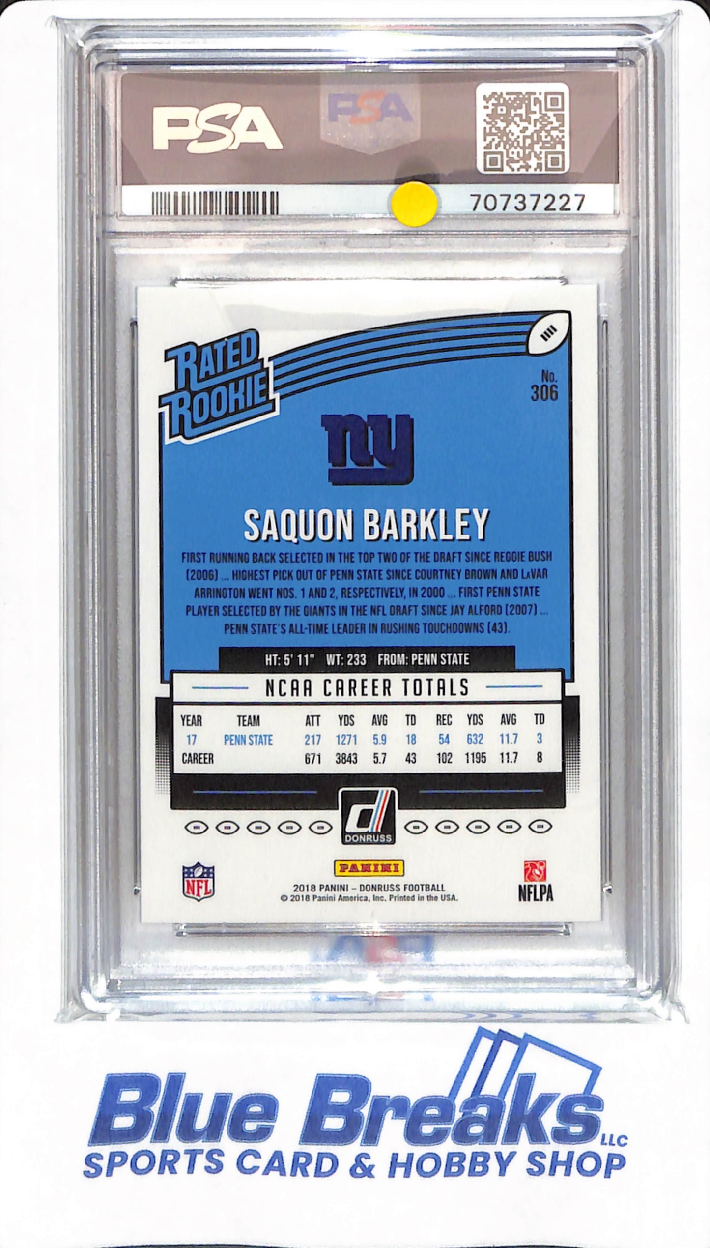 2018 Panini Donruss - Saquon Barkley - # 306 - New York Giants - Football - PSA 9