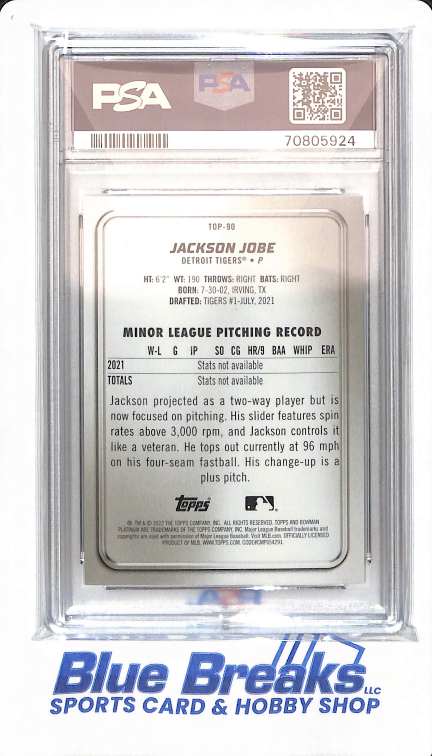 2022 Bowman Platinum - Jackson Jobe - # TOP90 - PSA 10 - Detroit Tigers - Baseball - Top Prospects Blue - 135/150