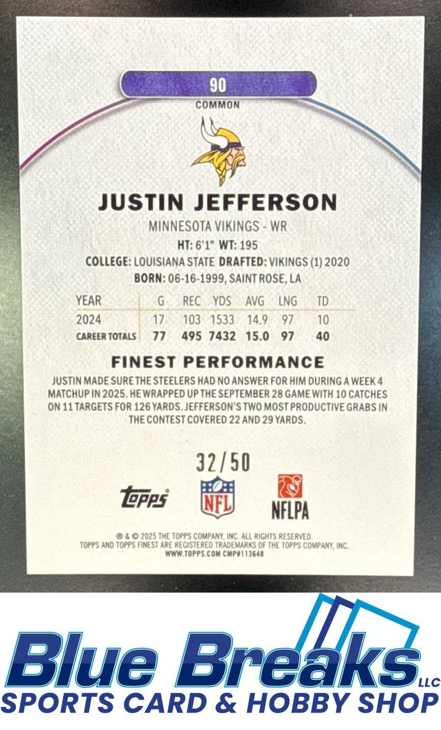 2025 Topps Finest Gold Refractor Justin Jefferson 32/50 #90 Minnesota Vikings