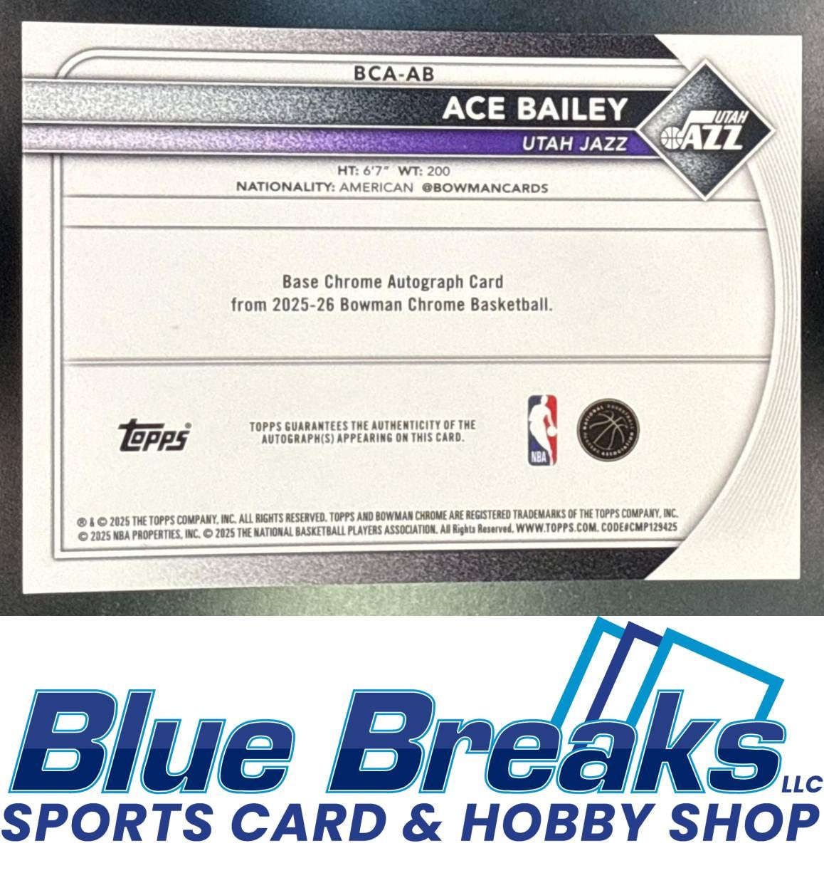 2025 Bowman Ace Bailey #BCA-AB Chrome Auto Gold Shimmer Refractor 08/50 RC Utah Jazz