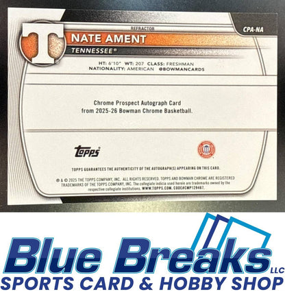2025 Bowman Nate Ament #CPA-NA Chrome Auto Refractor 074/499 1st Prospect Tennessee Volunteers