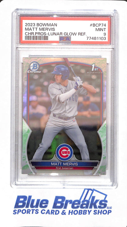 2023 Bowman - Matt Mervis - #BCP 74 - Baseball - PSA 9 - Chrome Prospect Lunar Glow Refractor - Chicago Cubs