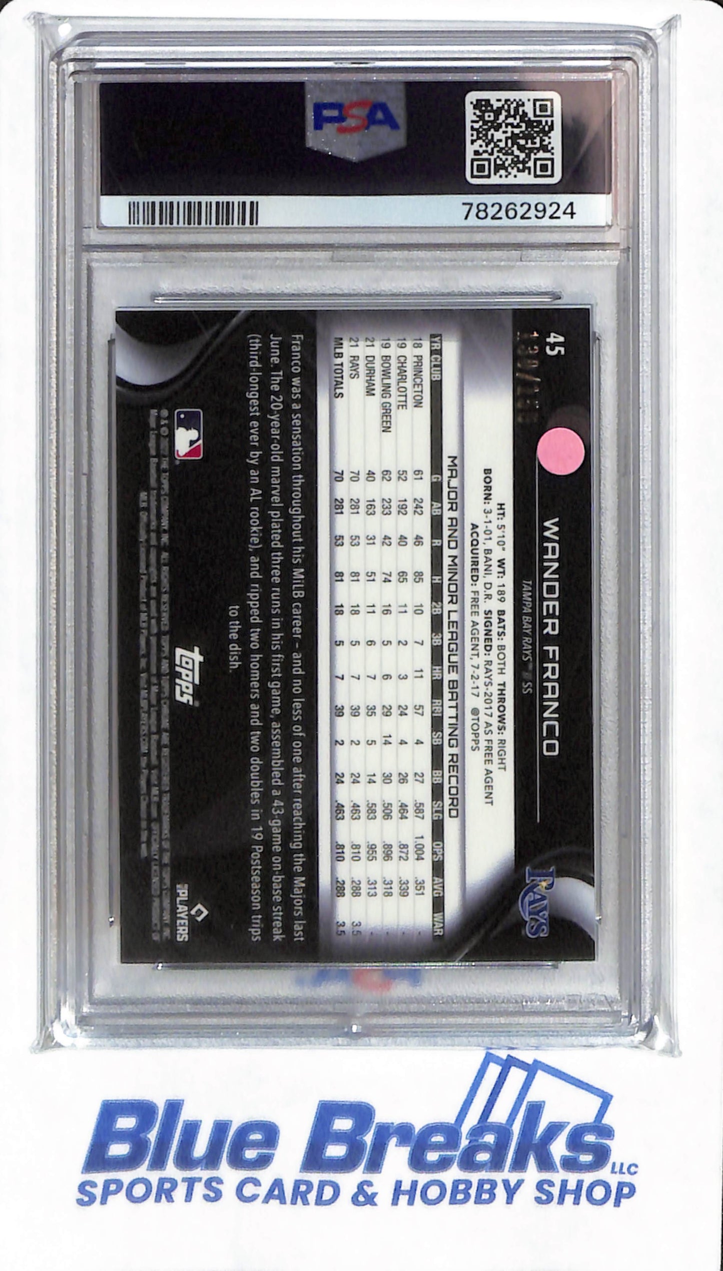 2022 Topps Chrome Black - Wander Franco - #45 - PSA 10 - Tampa Bay Rays - Baseball - Purple Mini Diamond Refractor - 130/150