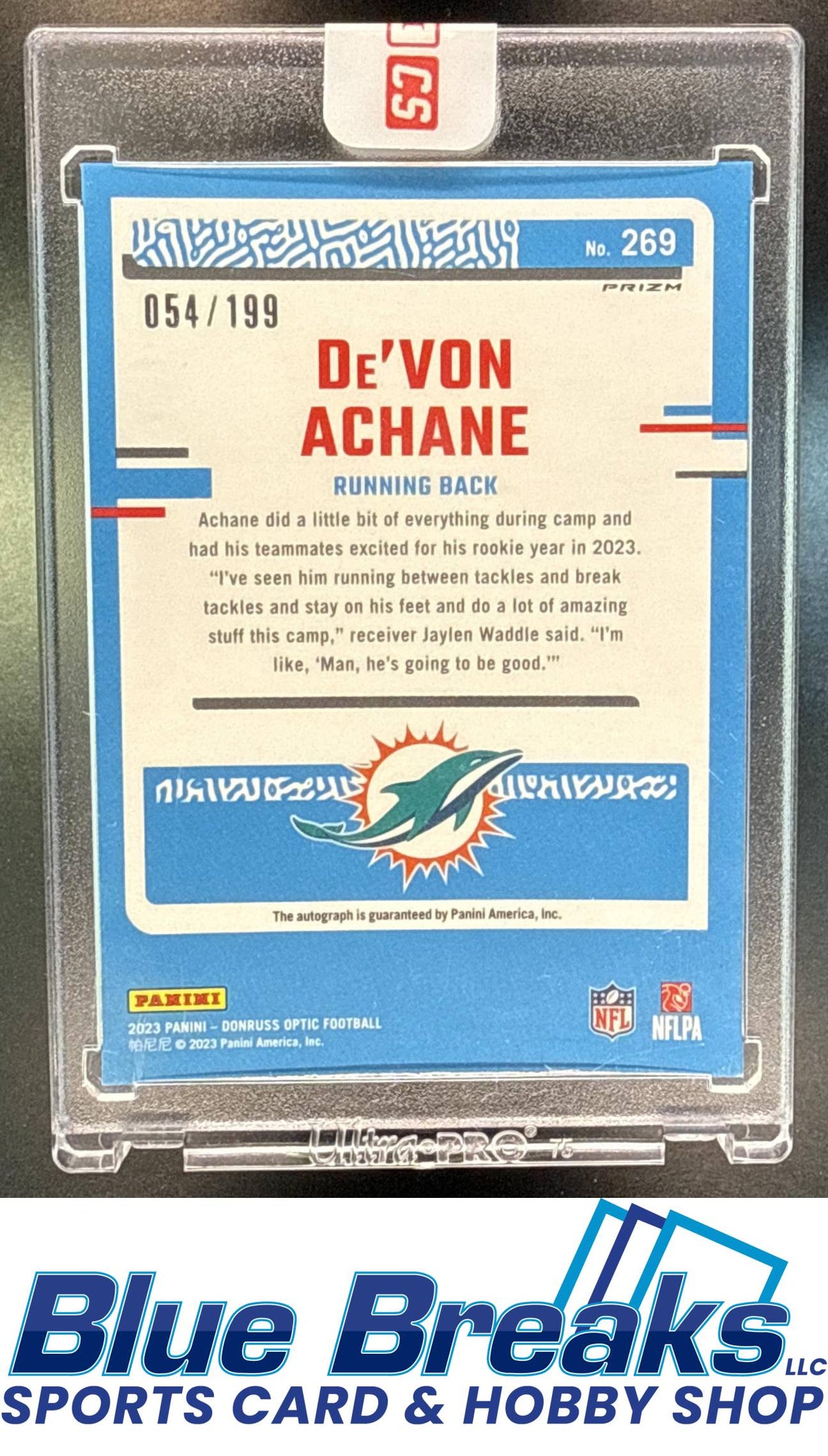2023 Panini Donruss Optic De'Von Achane #269 Rated Rookie RPS Auto 054/199 RC Miami Dolphins