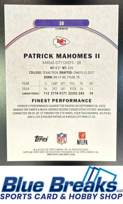 2025 Topps Finest Patrick Mahomes II #58 Purple Geometric Refractor 080/150 Kansas City Chiefs