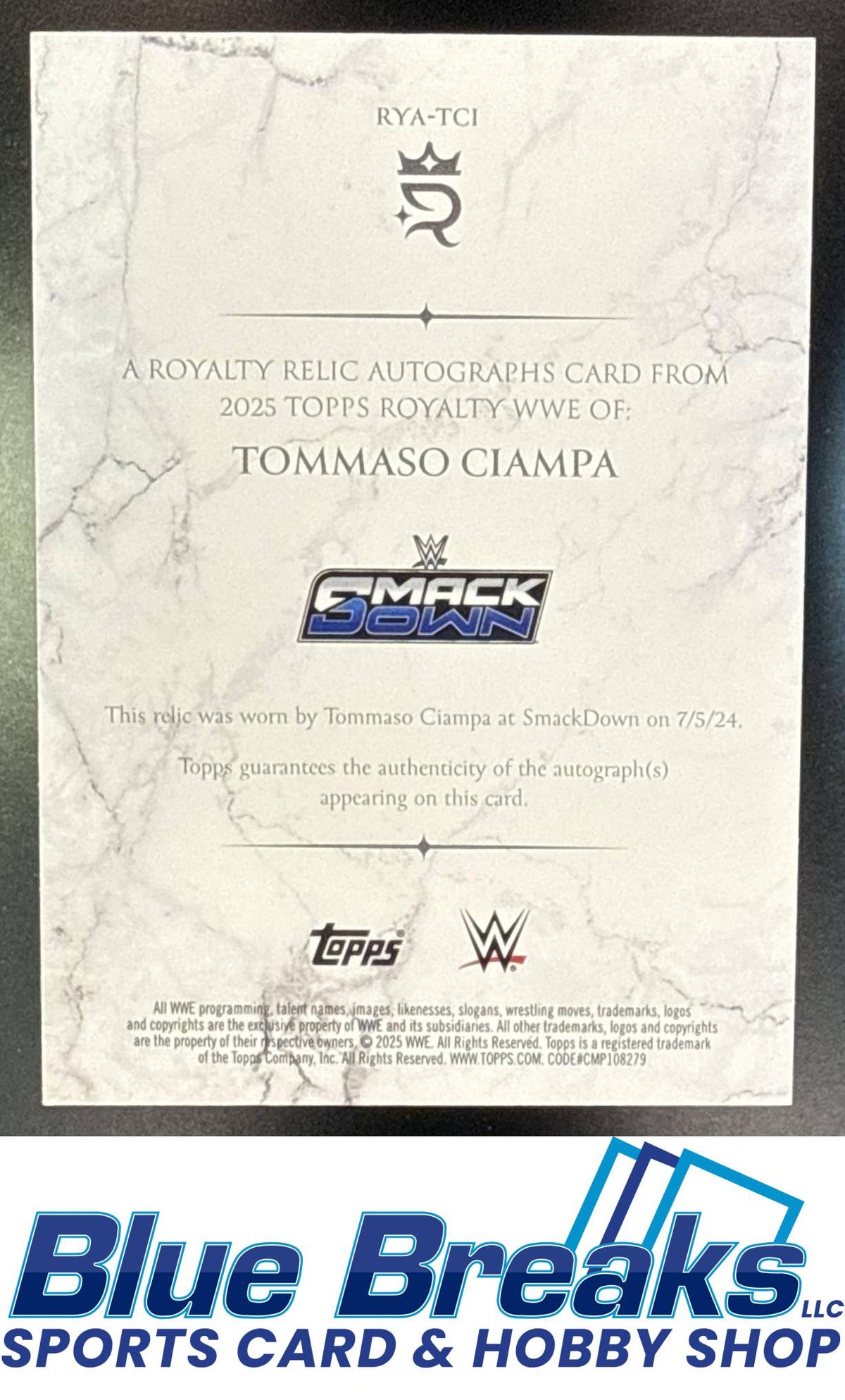 2025 Topps Royalty WWE Relic Auto Blue Tommaso Ciampa 22/25 #RYA-TCI