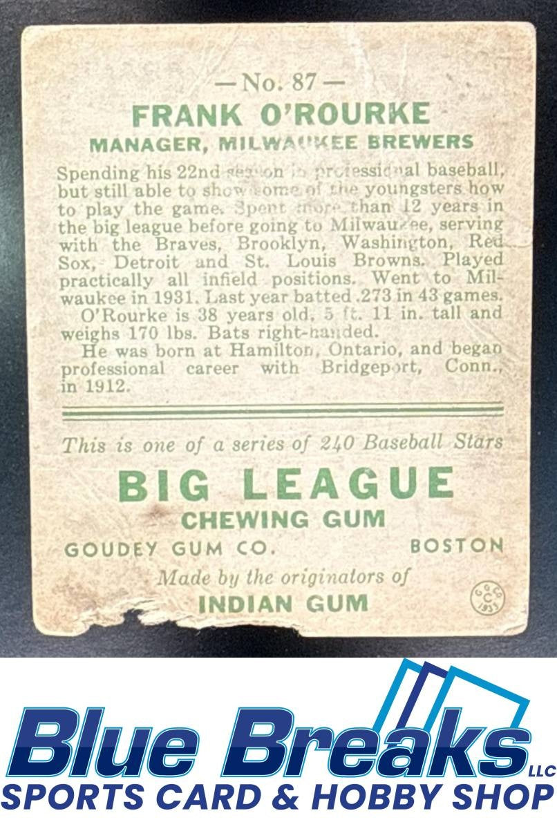 1933 Goudey R319 Frank O'Rourke [RC] #87 RC Milwaukee Brewers