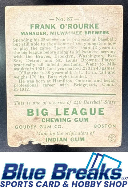 1933 Goudey R319 Frank O'Rourke [RC] #87 RC Milwaukee Brewers