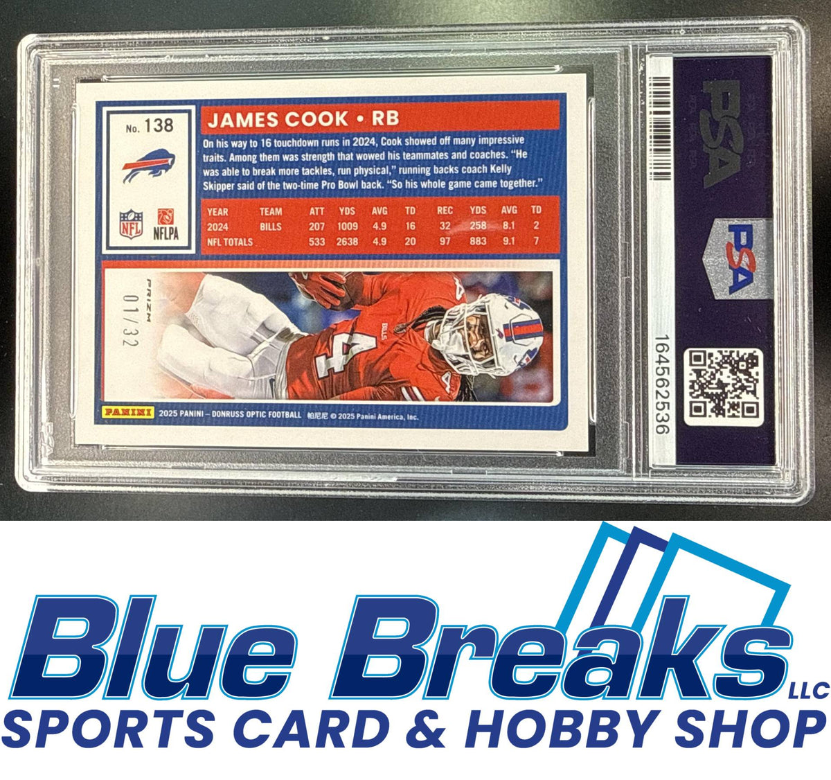 2025 Panini Donruss Optic James Cook #138 Team Logo Prizm 01/32 PSA 10 Buffalo Bills