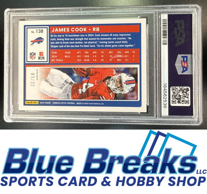 2025 Panini Donruss Optic James Cook #138 Team Logo Prizm 01/32 PSA 10 Buffalo Bills
