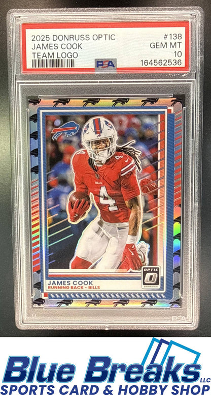 2025 Panini Donruss Optic James Cook #138 Team Logo Prizm 01/32 PSA 10 Buffalo Bills