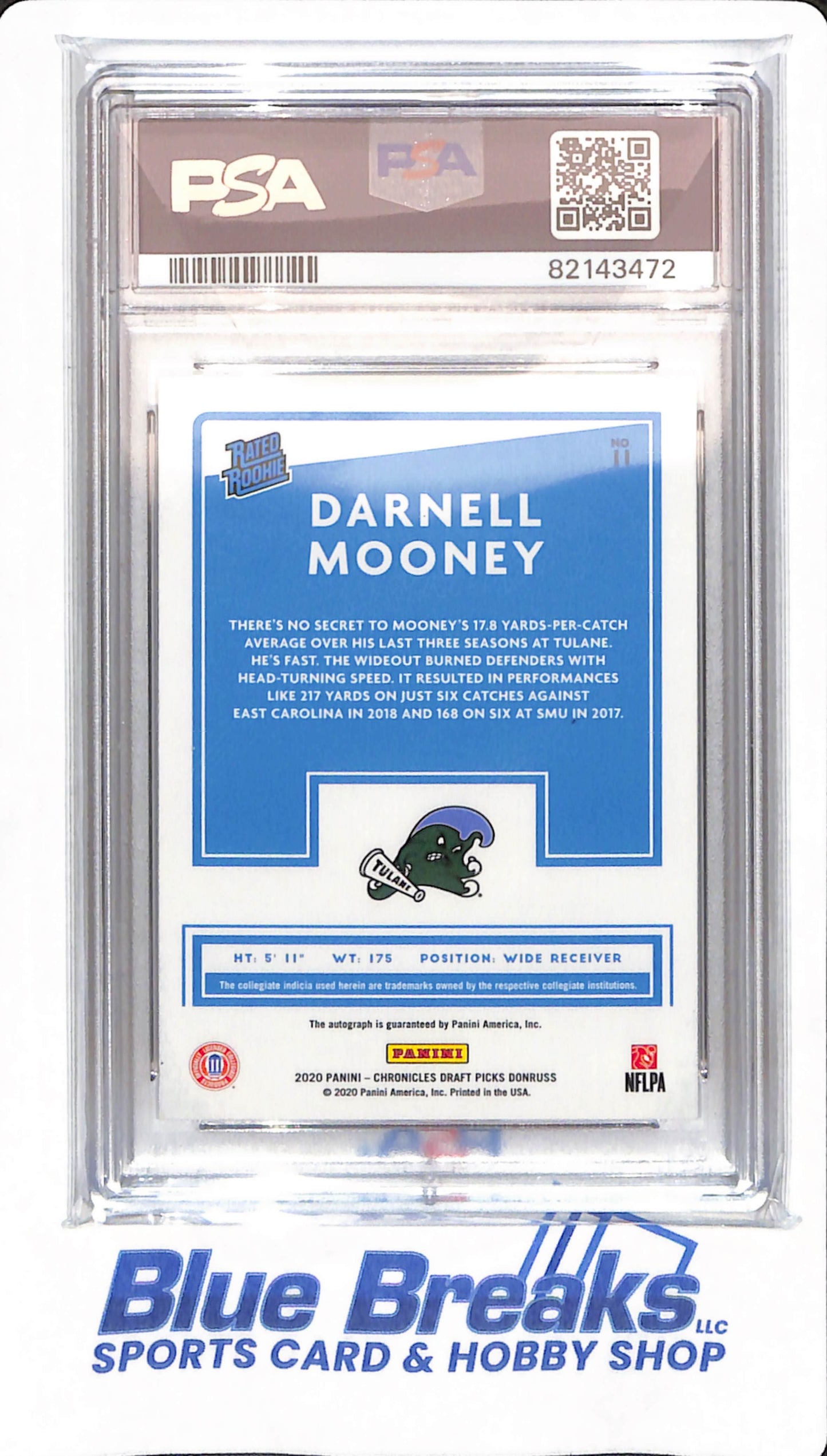 2020 Panini Chronicles Draft Picks - Darnell Mooney - # 11 - Tulane Green Wave - Football - Rated Rookie - PSA 10 - Autographed - Red