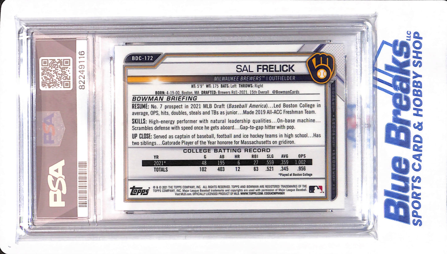 2021 Bowman Draft - Sal Frelick - # BDC172 - PSA 10 - Milwaukee Brewers - Baseball - Chrome Sapphire