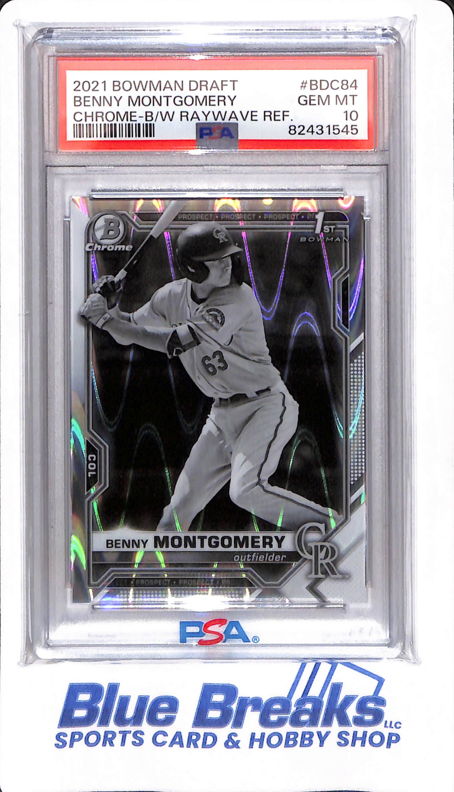 2021 Bowman Draft - Benny Montgomery - # BDC84 - PSA 10 - Colorado Rockies - Baseball - Chrome Raywave - Black White