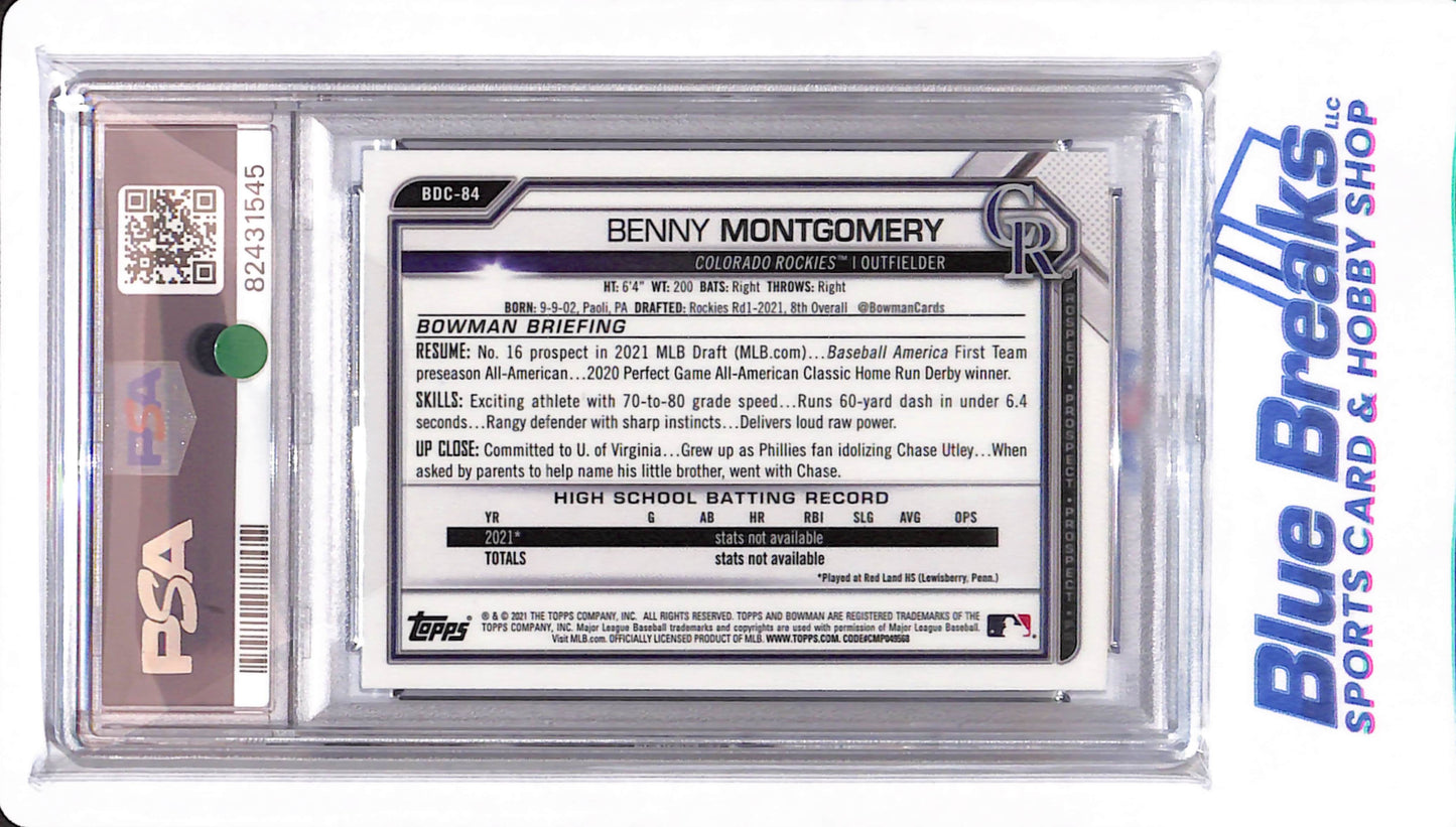 2021 Bowman Draft - Benny Montgomery - # BDC84 - PSA 10 - Colorado Rockies - Baseball - Chrome Raywave - Black White