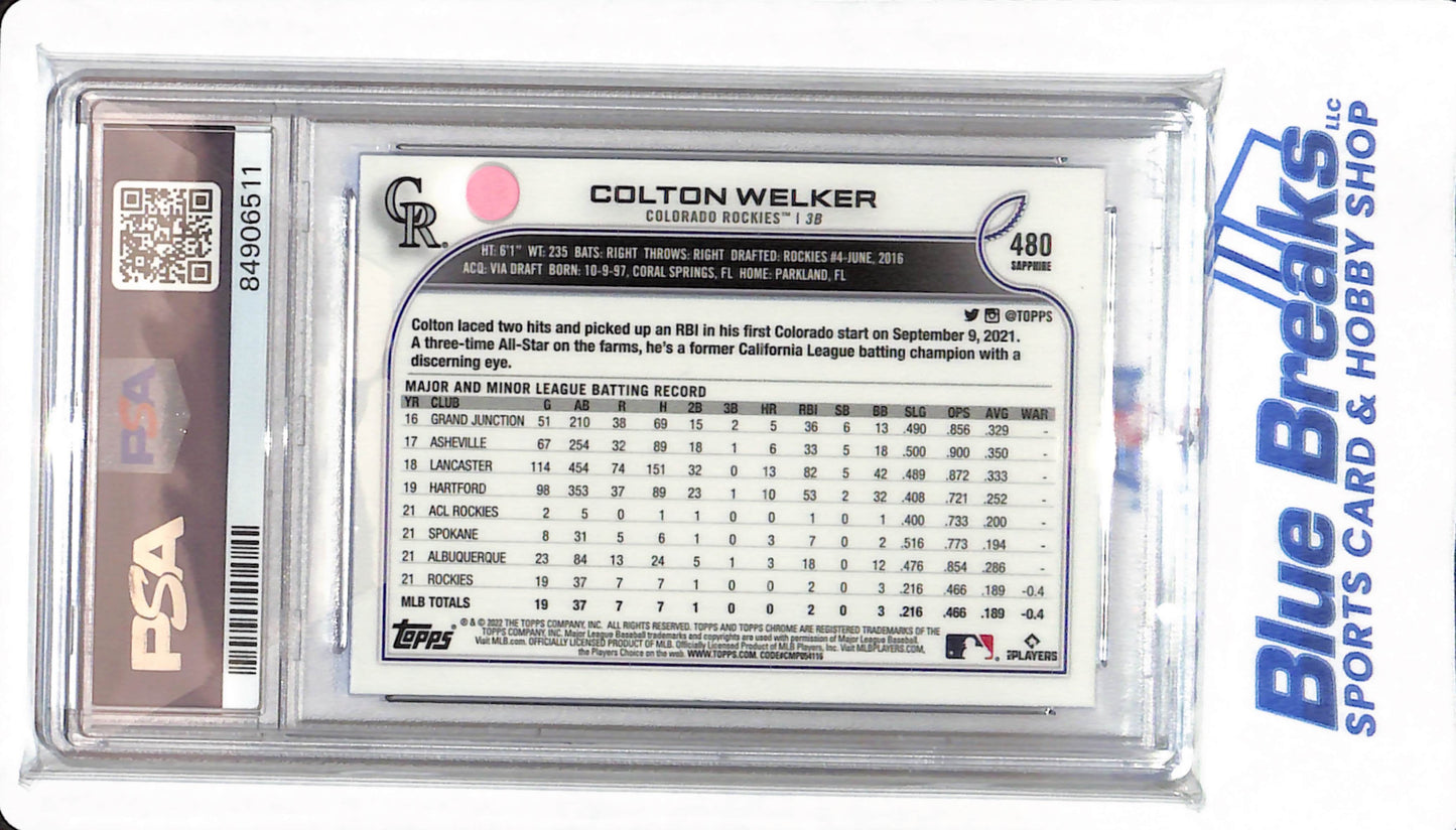 2022 Topps Chrome - Colton Welker - #480 - PSA 10 - Colorado Rockies - Baseball - Sapphire Edition