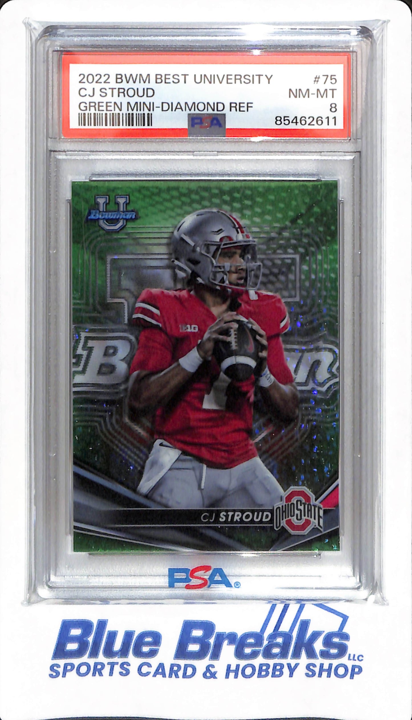 2022 Bowman Best University - CJ Stroud - # 75 - PSA 8 - Football - Ohio State Buckeyes - Green Mini Diamond - Refractor - 80/99