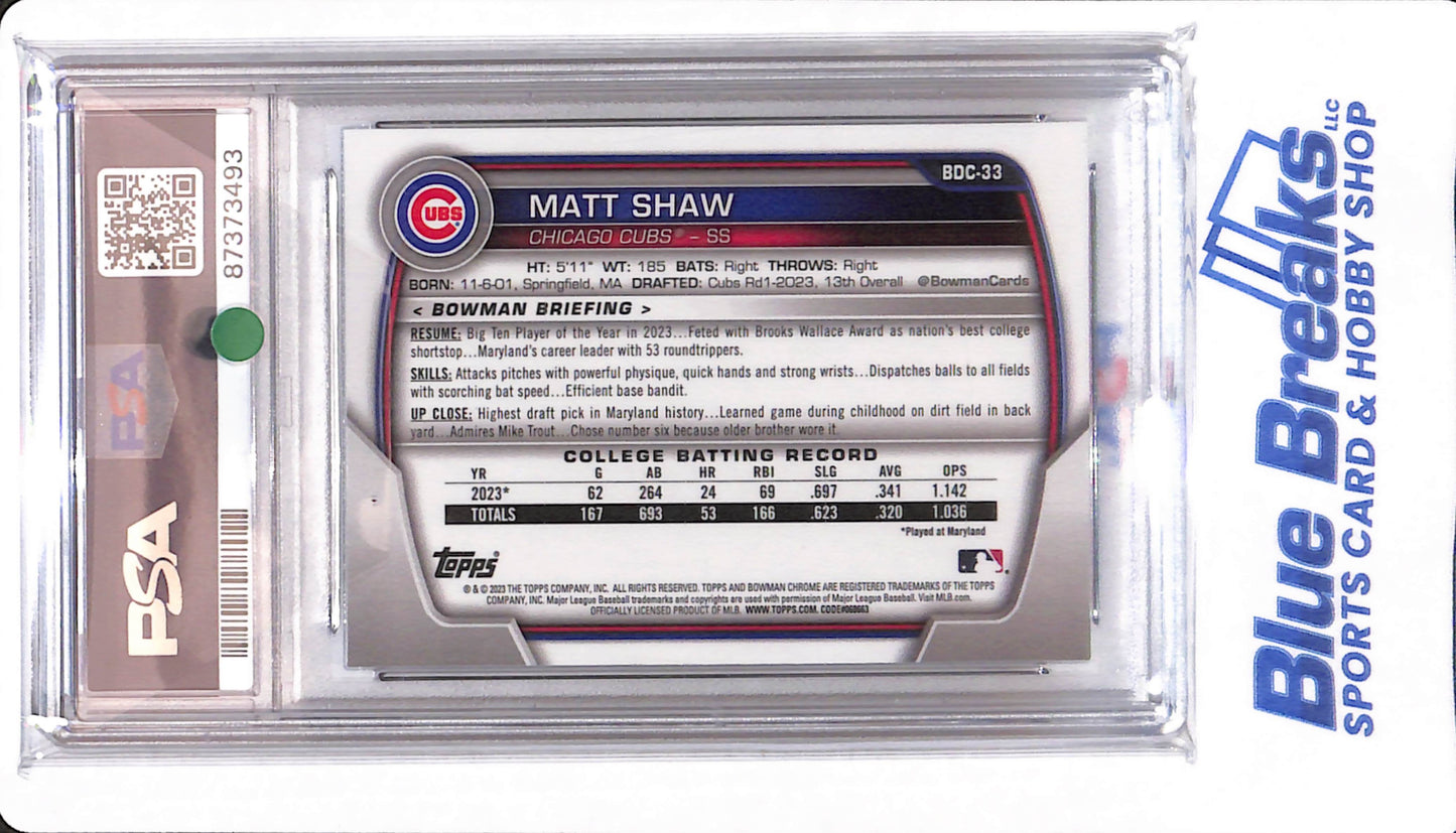 2023 Bowman Draft - Matt Shaw - # BDC33 - PSA 10 - Chicago Cubs - Baseball - Chrome