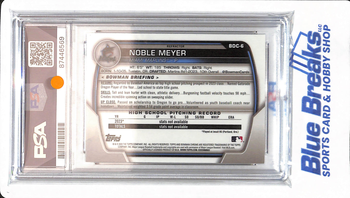 2023 Bowman Draft - Noble Meyer - # BDC6 - Miami Marlins - Baseball - PSA 10 - Chrome Refractor