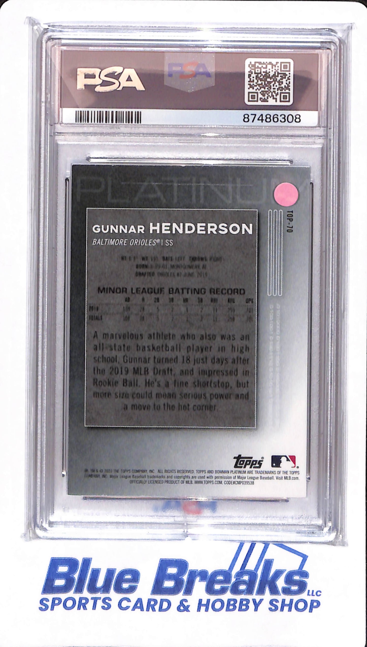 2020 Bowman Platinum - Gunnar Henderson - #TOP70 - PSA 8 - Baltimore Orioles - Top Prospects - Baseball