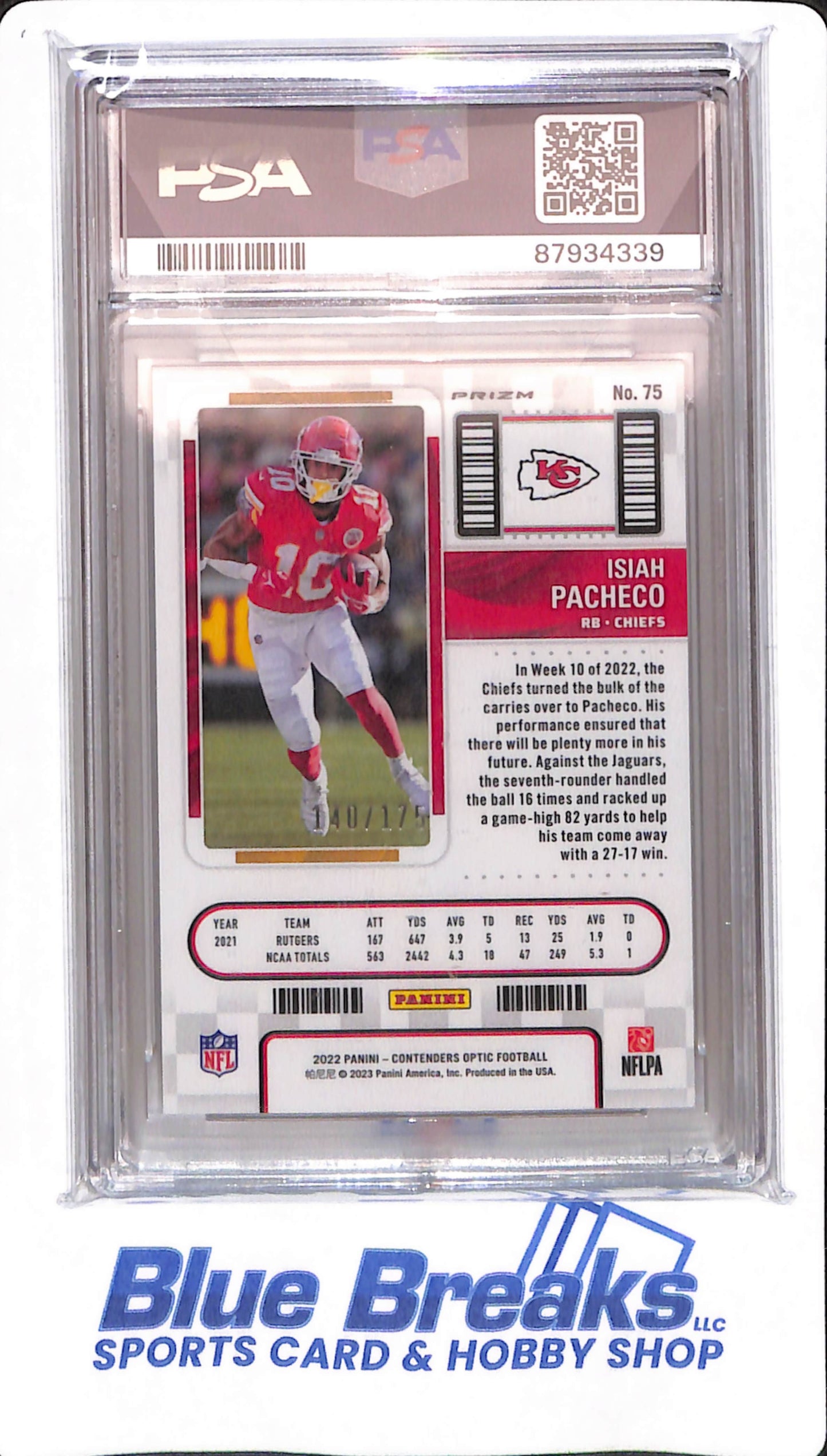 2022 Contenders Optic - Isiah Pacheco - # 75 - PSA 9 - Football - Kansas City Chiefs - Red - 140 / 175