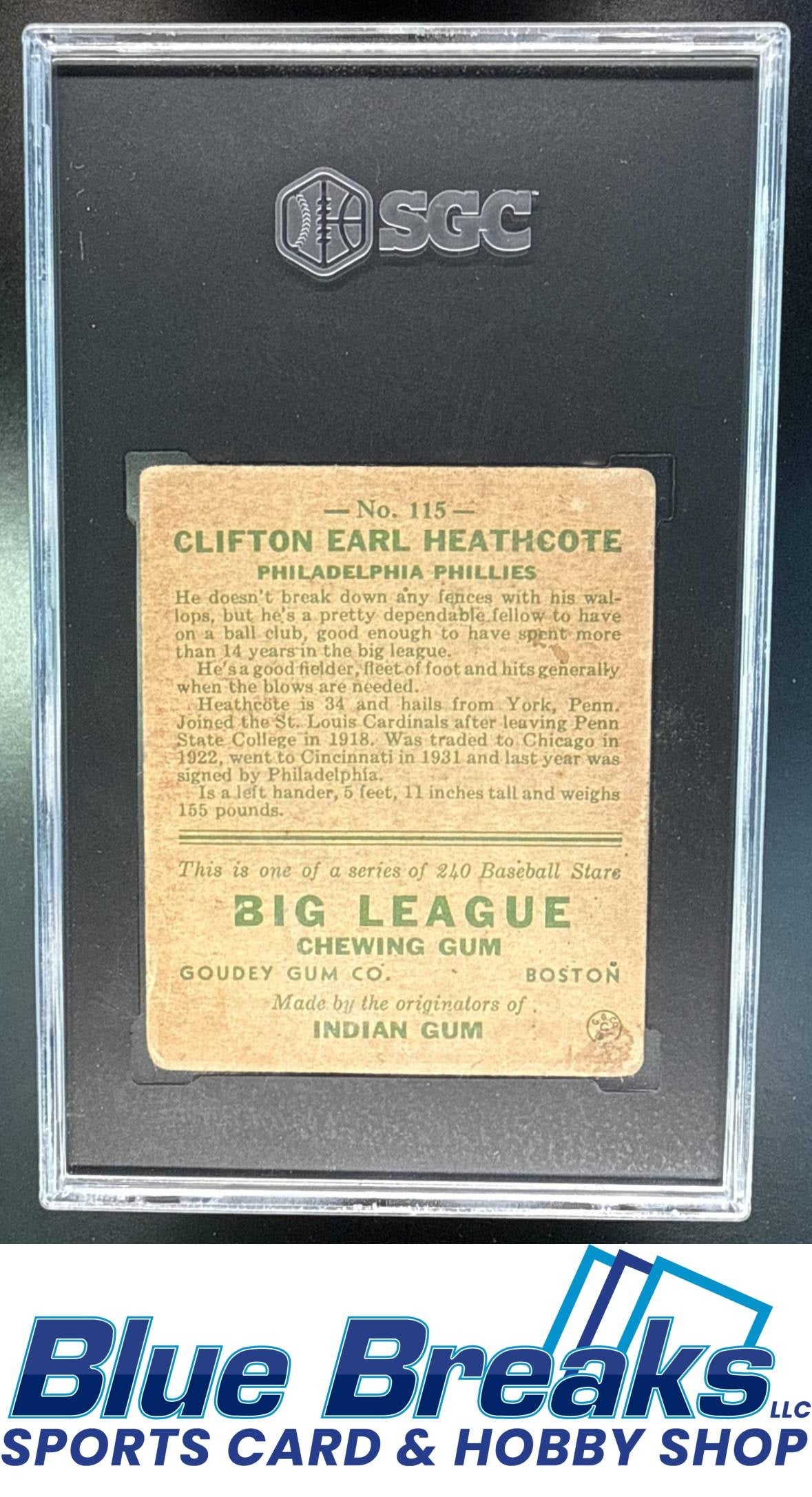 1933 Goudey R319 Cliff Heathcote [RC] #115 RC SGC 1 Philadelphia Phillies
