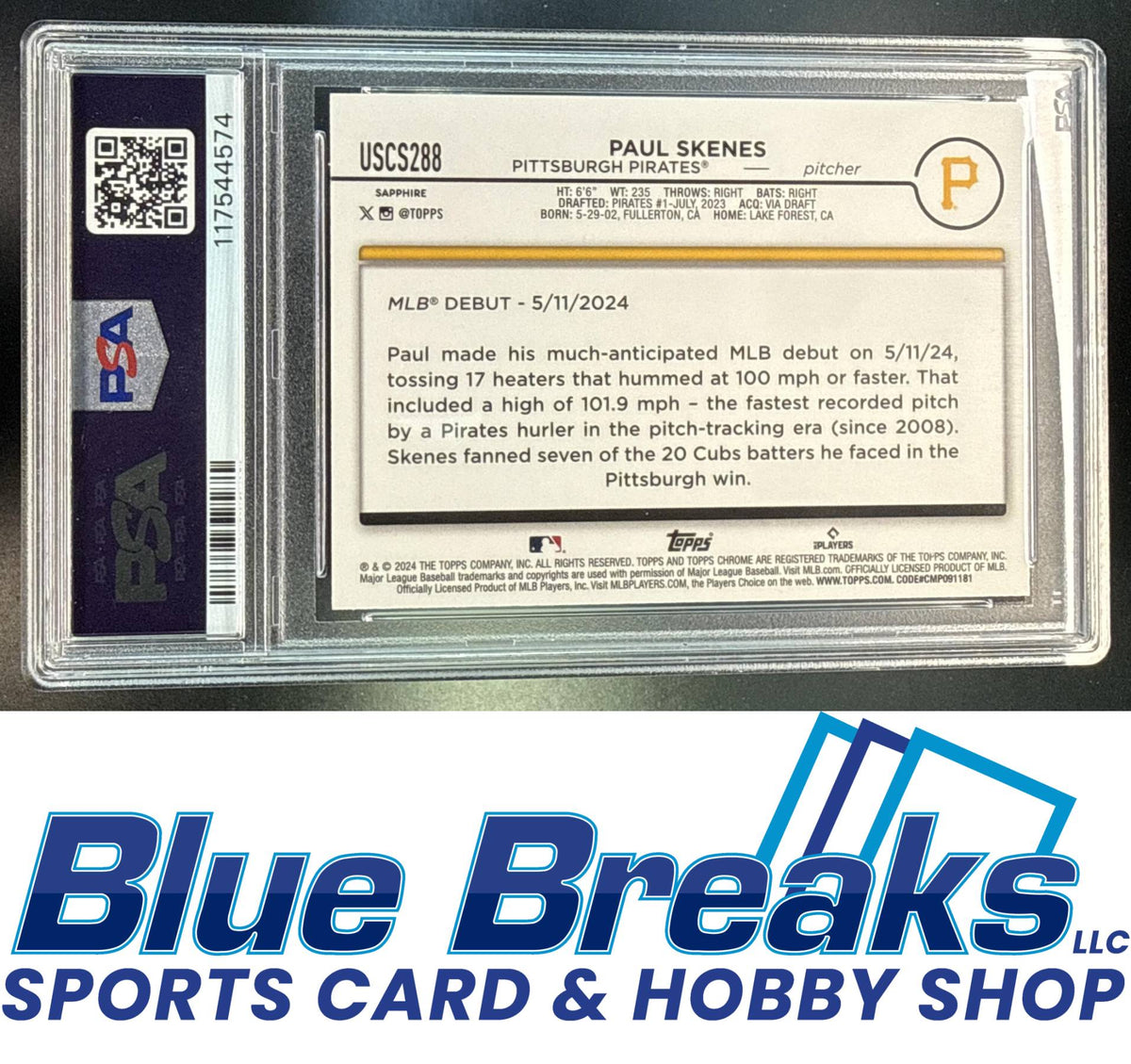 2024 Topps Chrome Update Sapphire Paul Skenes #USCS288 RC PSA 9 Pittsburgh Pirates