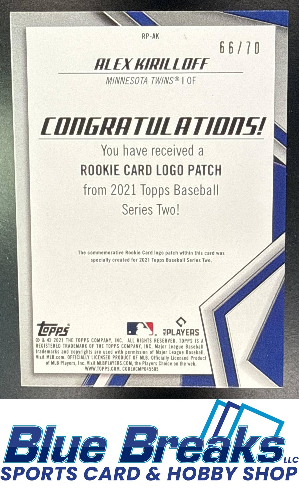 2021 Topps Alex Kirilloff #RP-AK Rookie Card Logo Manufactured Patch Relic Platinum Anniversary 66/70 RC Minnesota Twins