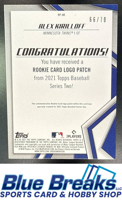 2021 Topps Alex Kirilloff #RP-AK Rookie Card Logo Manufactured Patch Relic Platinum Anniversary 66/70 RC Minnesota Twins