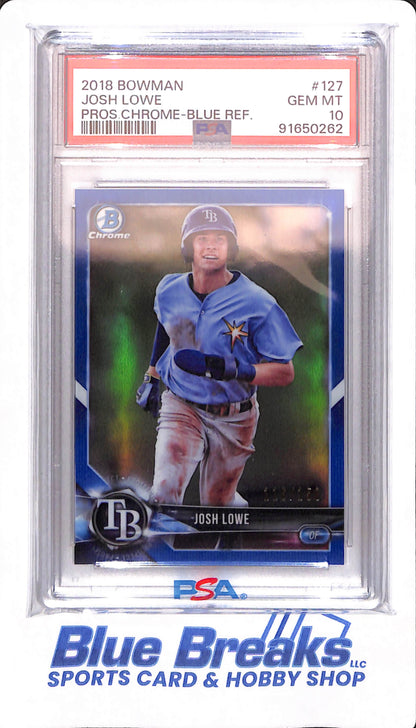 2018 Bowman - Josh Lowe - # 127 - Tampa Bay Rays - Baseball - PSA 10 - Prospect Chrome Blue Refractor - 116/150