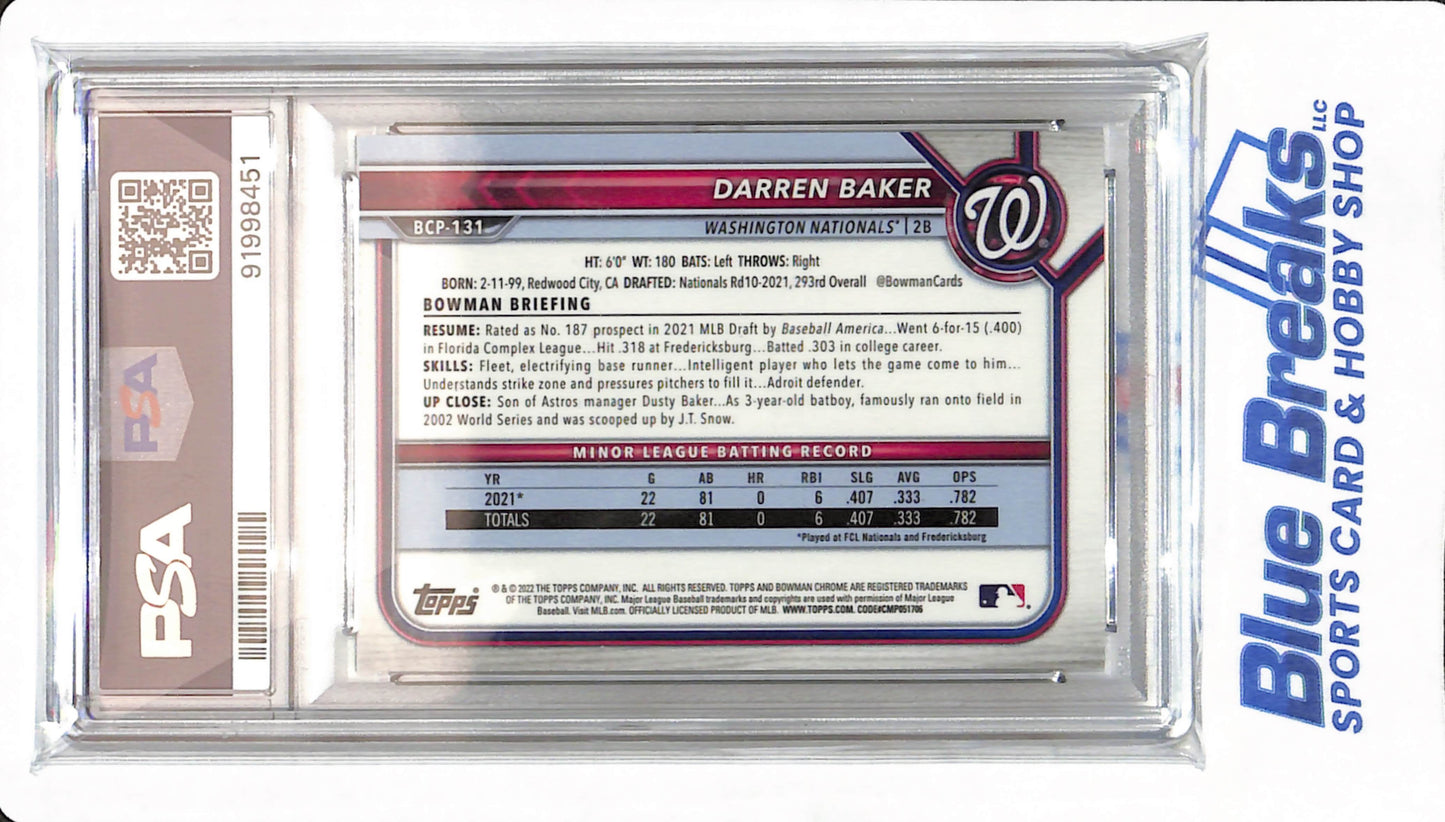 2022 Bowman - Darren Baker - # BCP131 - Washington Nationals - Baseball - PSA 9 - Chrome Prospect Green Shimmer - 70/99