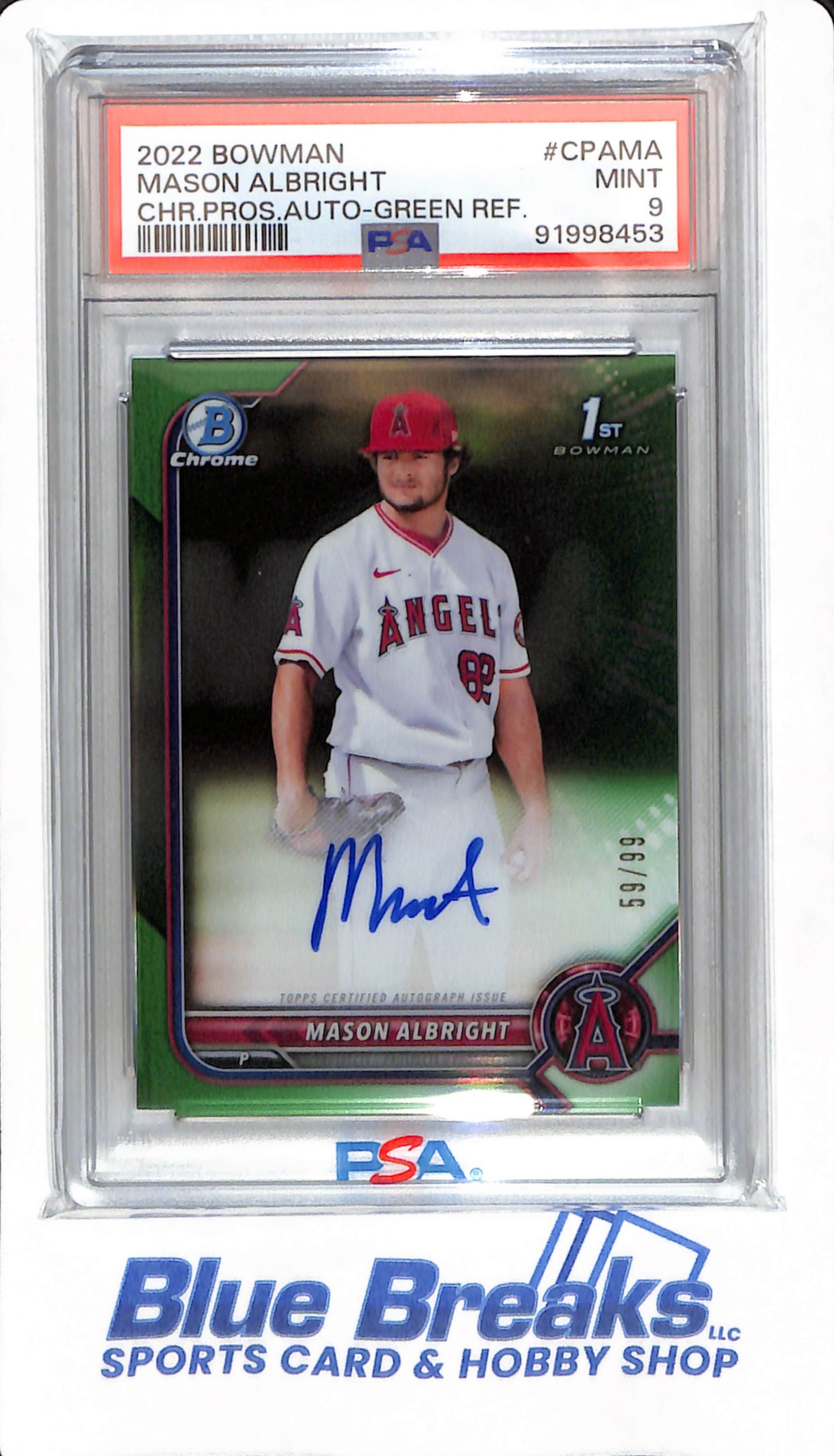 2022 Bowman - Mason Albright - # CAPMA - PSA 9 - Baseball - Los Angeles Angels - Chrome Green Autographed - Refractor - 59/99