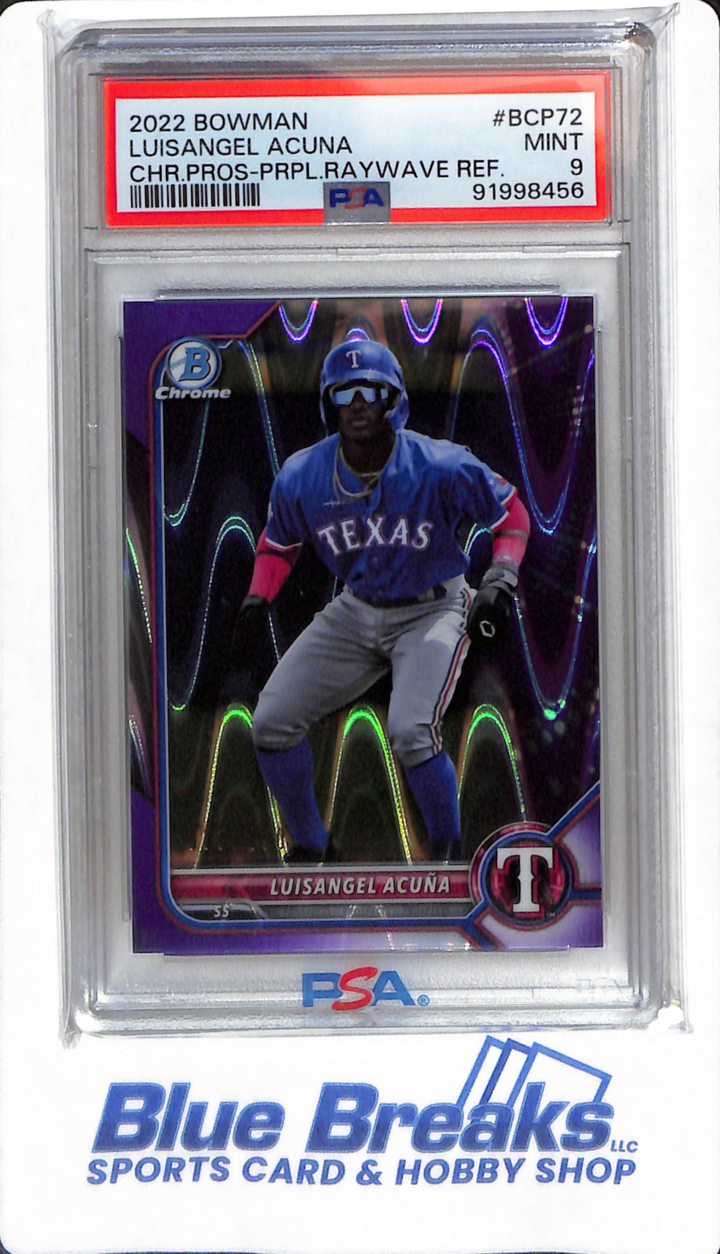 2022 Bowman - Luisangel Acuna - #BCP72 - PSA 9 - Texas Rangers - Baseball - Chrome Prospect Purple Raywave - 033/250
