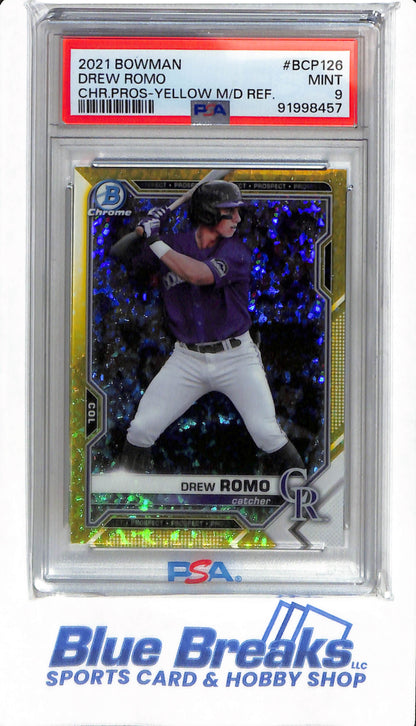 2021 Bowman - Drew Romo - #BCP126 - PSA 9 - Colorado Rockies - Baseball - Chrome Prospect Yellow Mini Diamond Refractor - 47/75