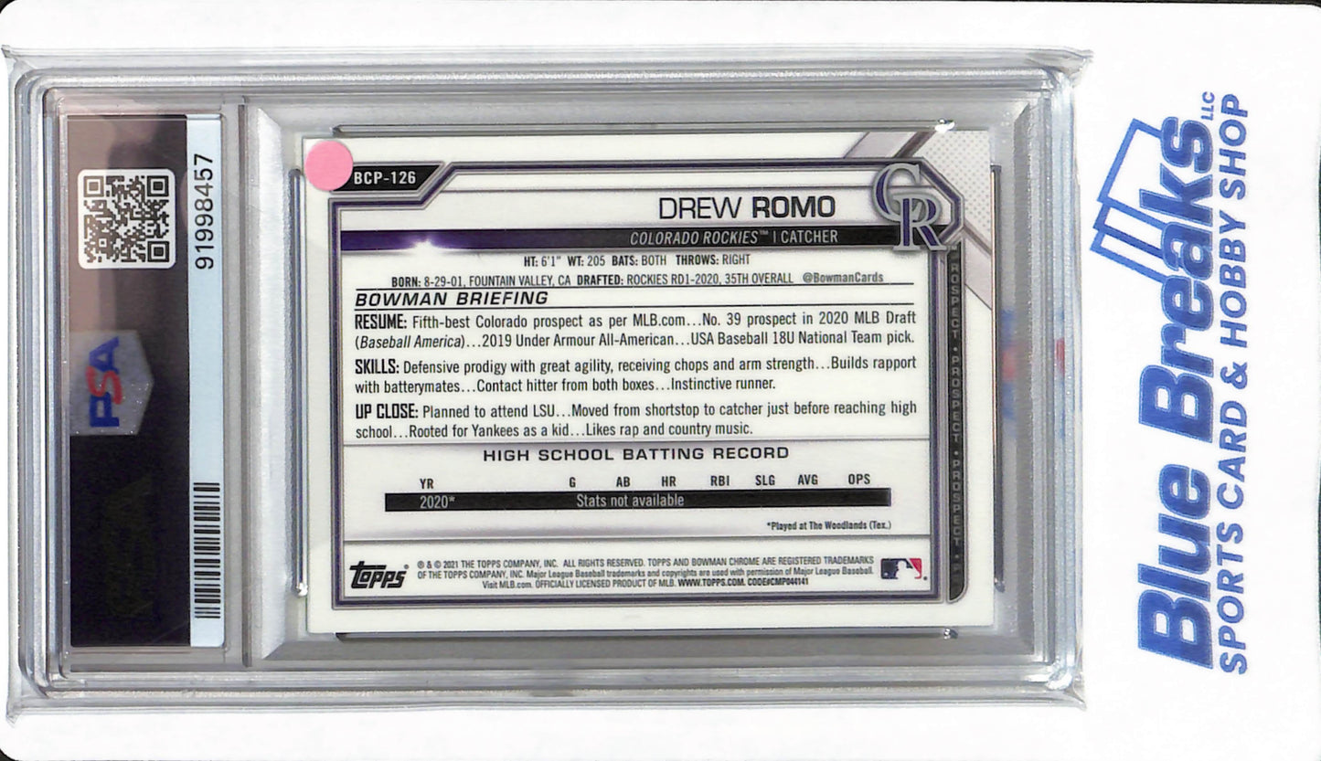 2021 Bowman - Drew Romo - #BCP126 - PSA 9 - Colorado Rockies - Baseball - Chrome Prospect Yellow Mini Diamond Refractor - 47/75