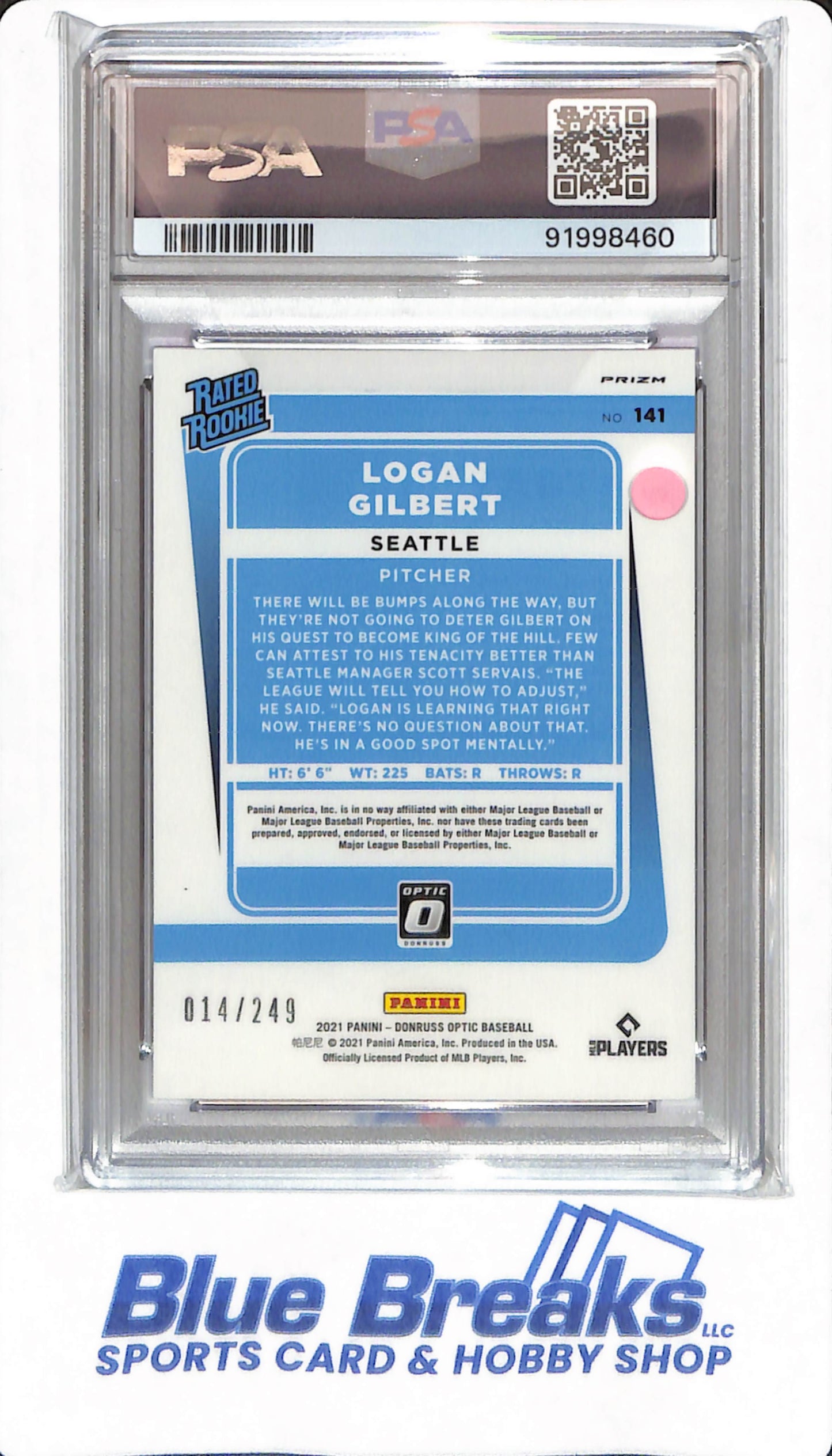 2021 Donruss Optic - Logan Gilbert - #141 - PSA 9 - Seattle Mariners - Baseball - Pink Velocity - 014/249