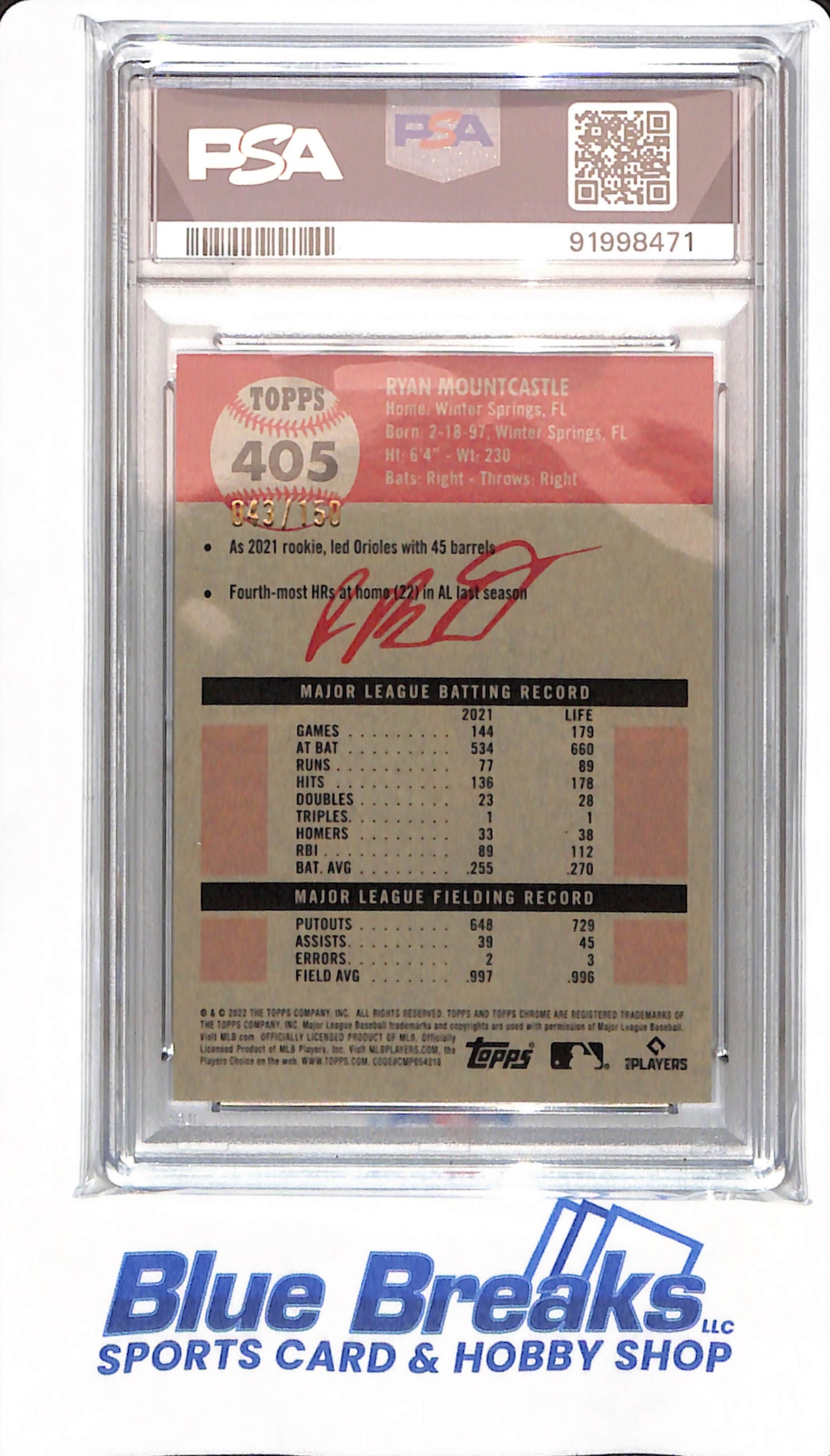 2022 Platinum Anniversary - Ryan Mountcastle - # 405 - Baseball - Baltimore Orioles - PSA 9 - Speckle Refractor