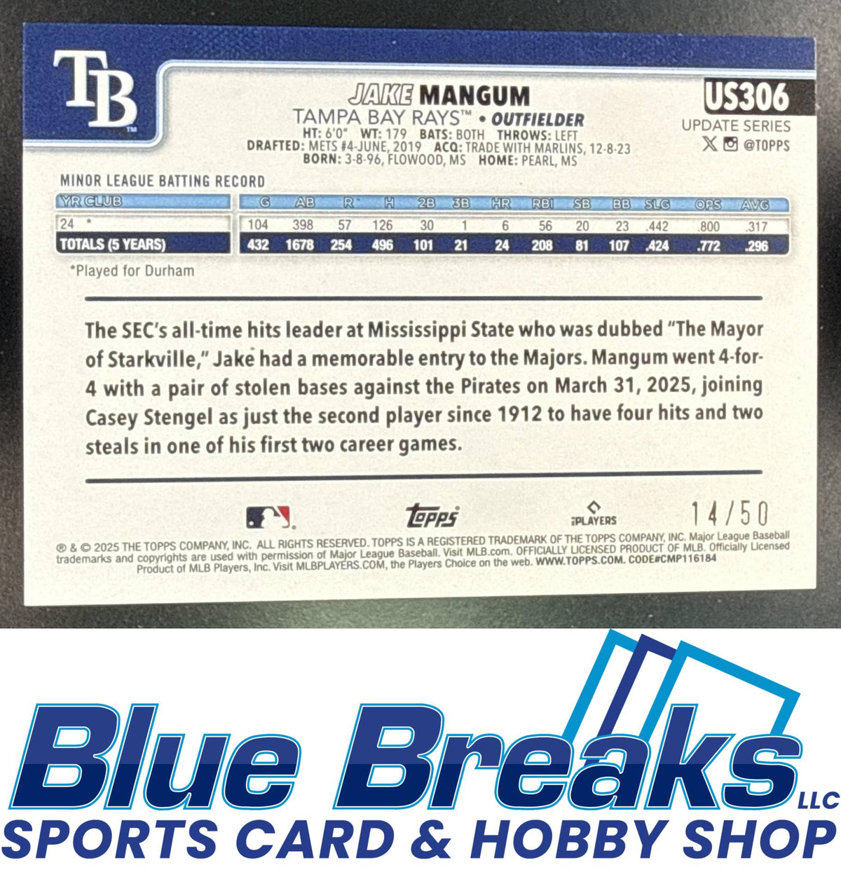 2025 Topps Update Gold Holo Foil Jake Mangum 14/50 #US306 RC Tampa Bay Rays