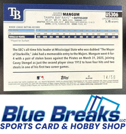 2025 Topps Update Gold Holo Foil Jake Mangum 14/50 #US306 RC Tampa Bay Rays