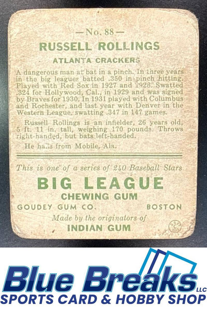 1933 Goudey R319 Russell Rollings Rookie #88 RC Atlanta Crackers