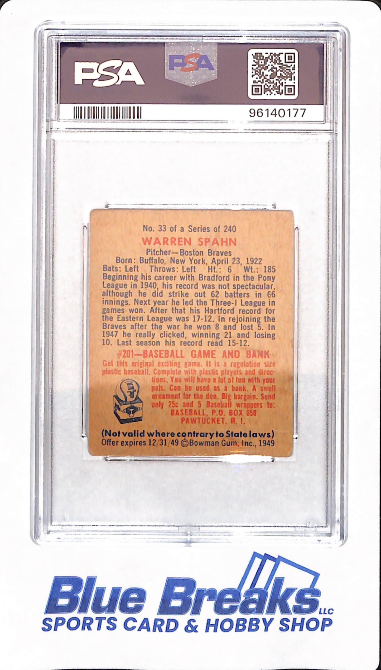 1949 Bowman - Warren Spahn - Boston Braves - Baseball - # 33 - PSA 3