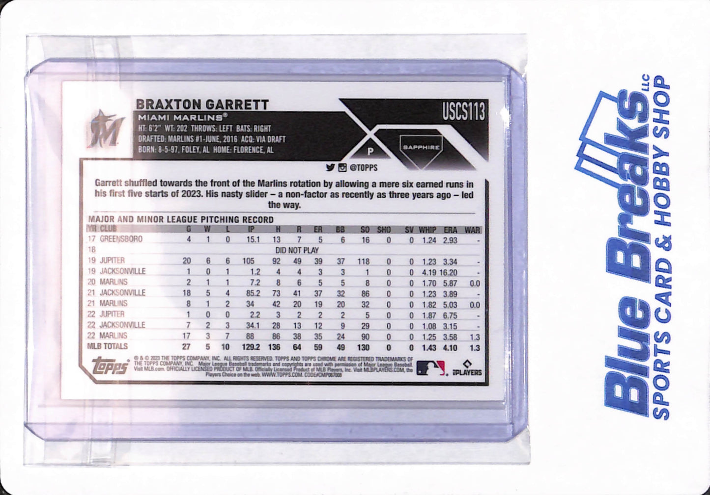 2023 Topps - Braxton Garrett - # USCS113 - Miami Marlins - Baseball - Sapphire - Orange - 18/25