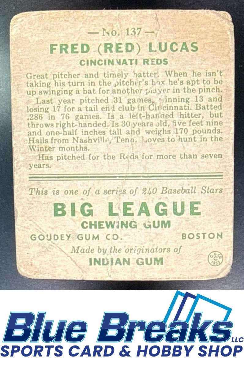 1933 Goudey R319 Fred Red Lucas Rookie #137 RC Cincinnati Reds
