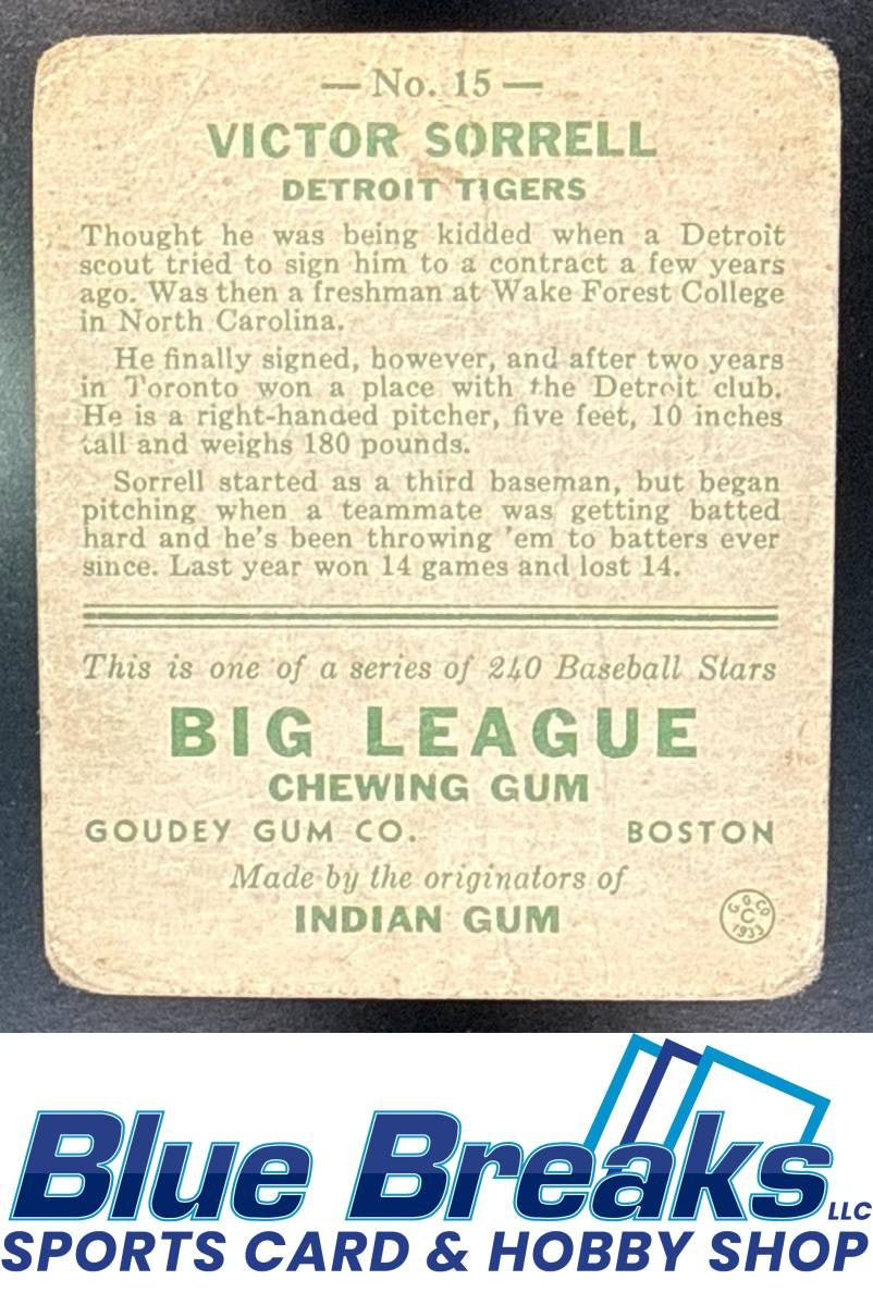 1933 Goudey R319 Victor Sorrell [RC] #15 RC Detroit Tigers
