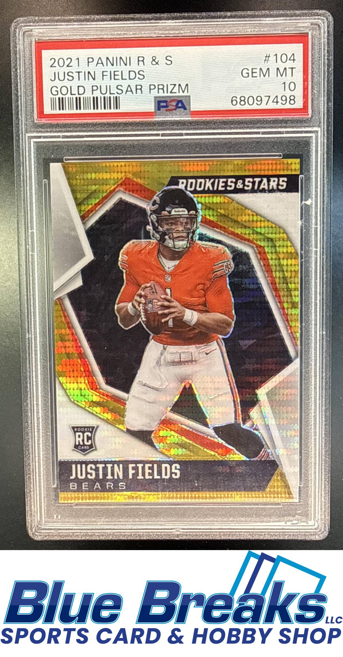 2021 Panini Rookies & Stars Justin Fields #104 Gold Pulsar Prizm 01/15 RC PSA 10 Chicago Bears