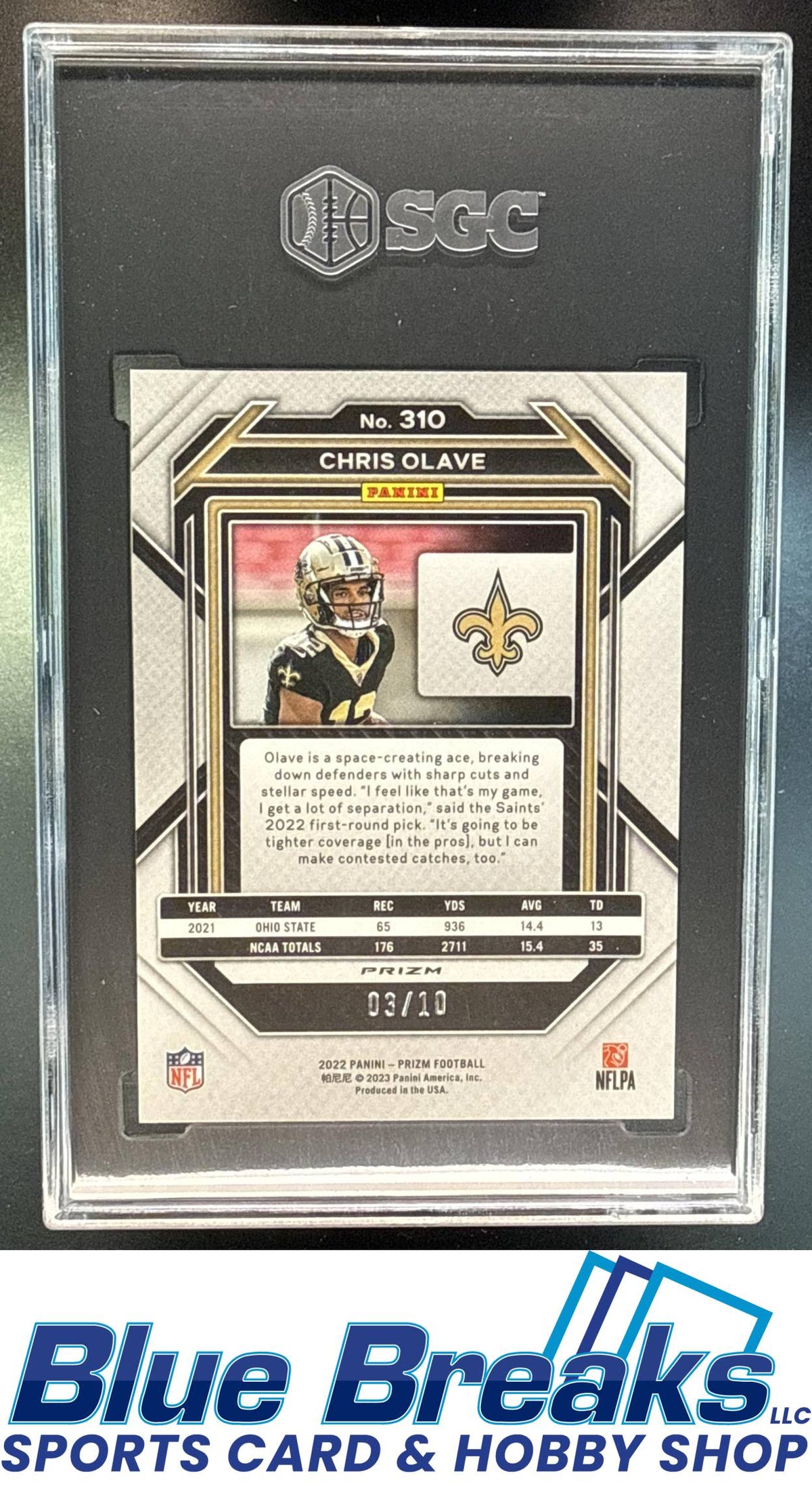 2022 Panini Prizm Chris Olave #310 Gold Shimmer 03/10 RC SGC 9 New Orleans Saints