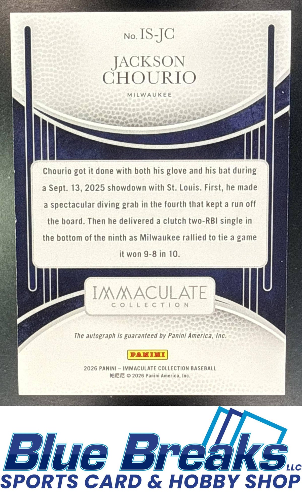 2026 Panini Immaculate Collection Signatures Auto Jackson Chourio 87/99 #6 Milwaukee Brewers