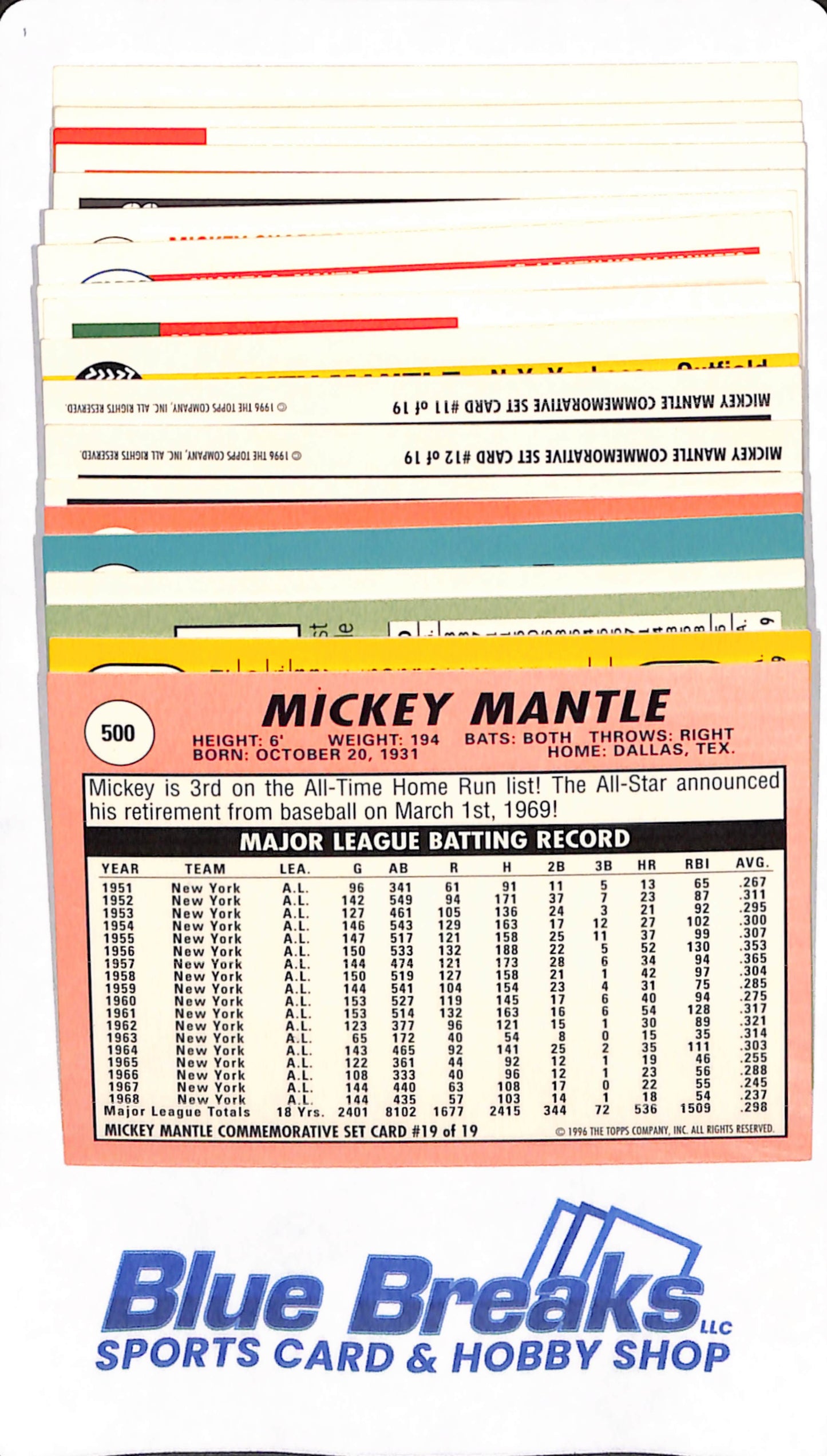 1996 Topps Mickey Mantle - Set of 19 cards. Complete Set.