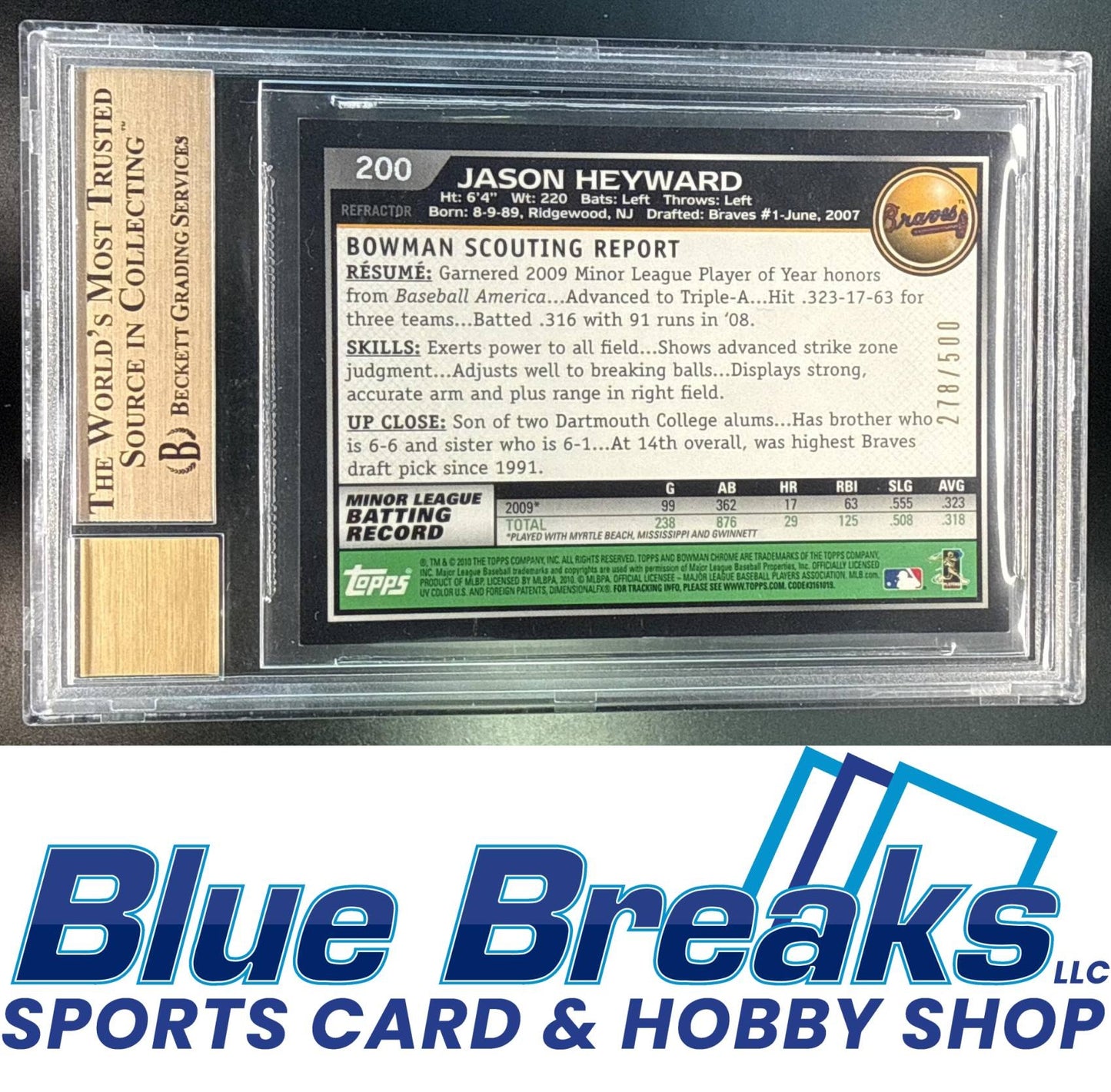 2010 Bowman Chrome Jason Heyward #200 Refractor 278/500 Auto RC BGS 9.5 10 Atlanta Braves