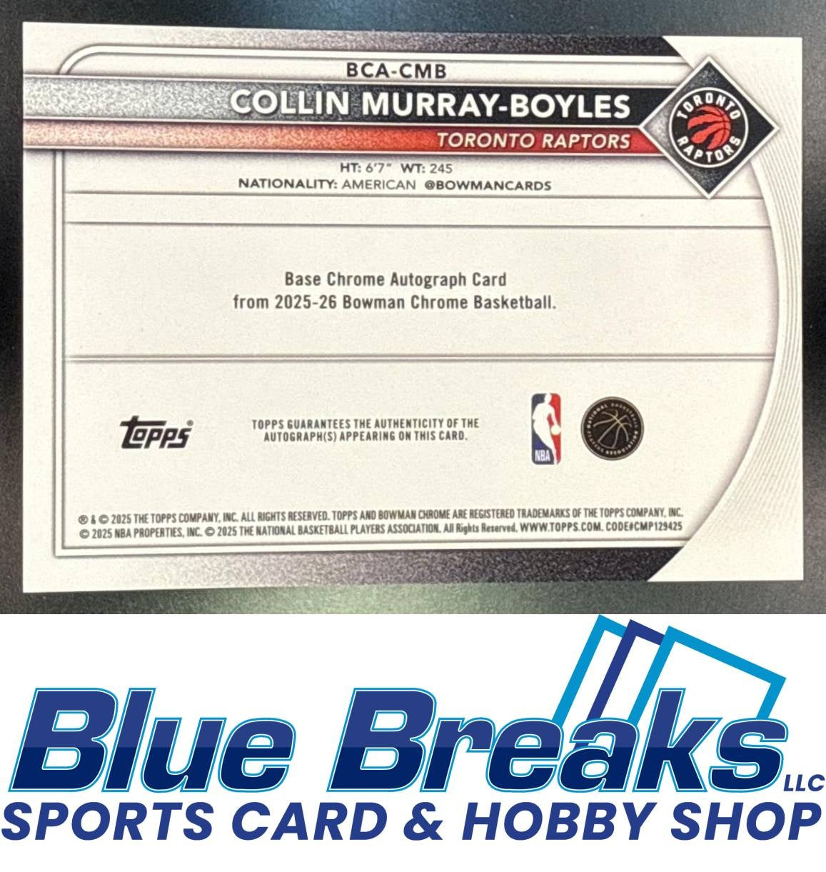 2025 Bowman Collin Murray-Boyles #BCA-CMB Chrome Auto Gold Refractor 40/50 RC Toronto Raptors